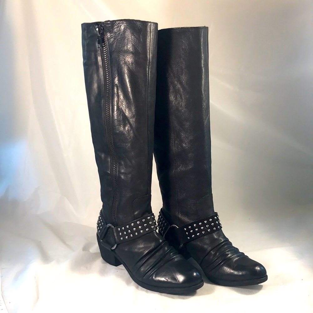 Reba Women’s Black Leather Western  Style Wide Studded Ankle Strap Crinkle Boots